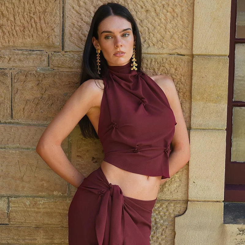 Women's Halter Lace Up Backless Tanks Top Camis Sleeveless Pleated Top