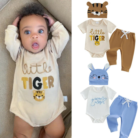 0-18M Baby Boys Girls Easter Clothes Sets 3pcs Letter Embroidery Short Sleeve Romper with Pants and Hat