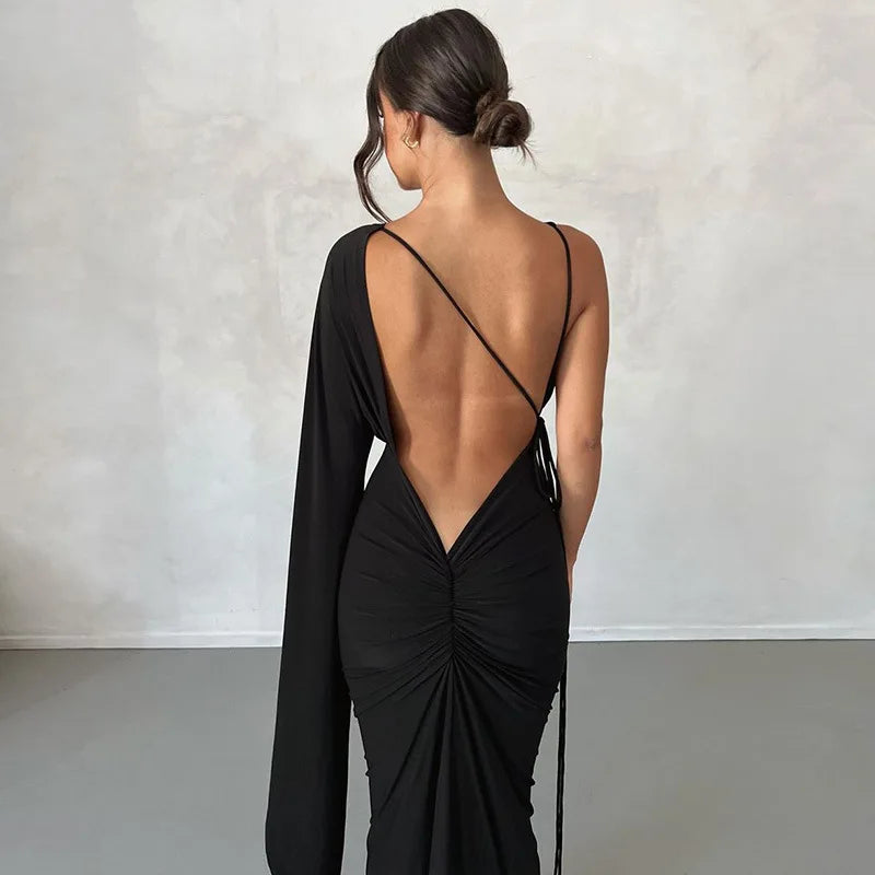 Women's Draped Deep V Backless Maxi One Shoulder Gown Slip Dress