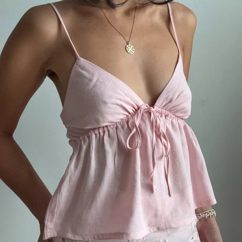 Y2K Camisole Crop Top - Backless Tie Front Top for Women