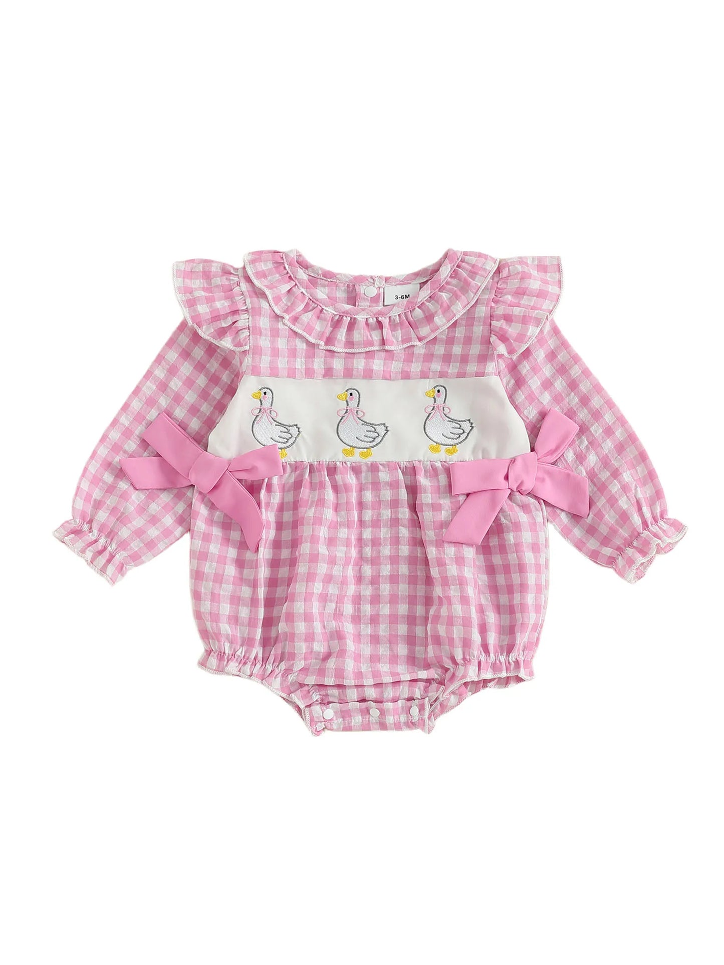 Baby Girls Plaid Bubble Romper - Duck Embroidery Long Sleeve Jumpsuit (0-18M)