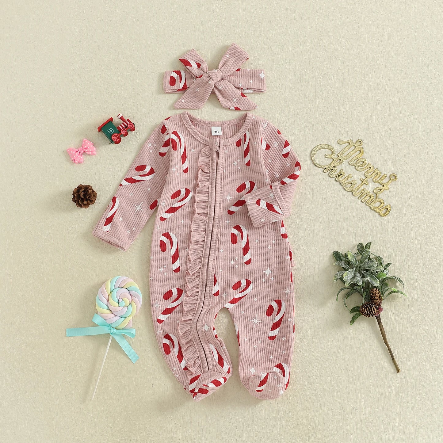 Baby Christmas Romper Set - Candy Cane/Gingerbread Print Oblique Zipper Jumpsuit & Headband