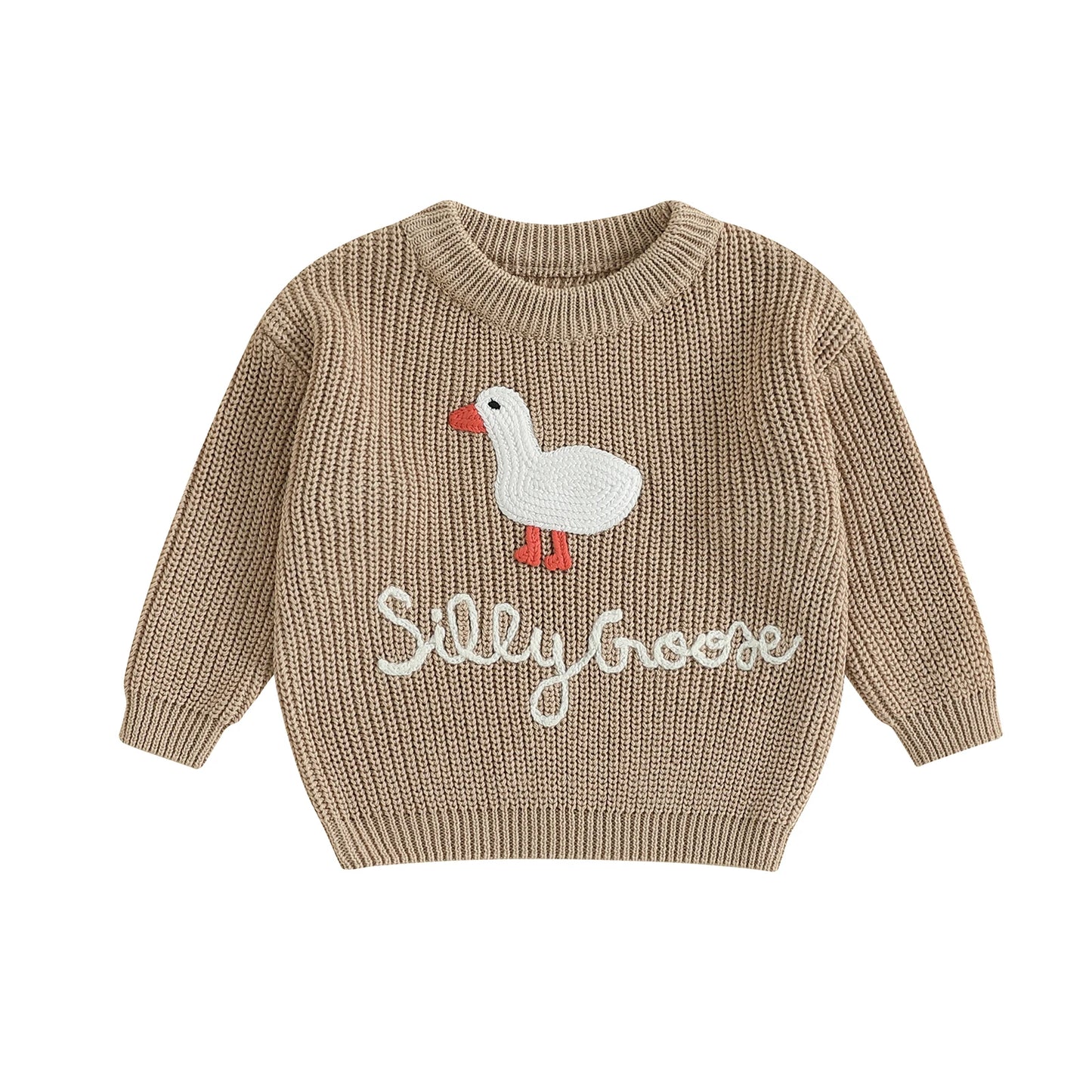 Toddler Baby Goose Sweater - Animal Letter Embroidered Crewneck Chunky Knit