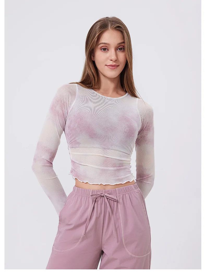 Women's Long Sleeve Yoga Shirt Women Tie-Dye 2 In 1 Gym Crop Top Slim Fit Breathable Running Top With Chest Pads Sportswear