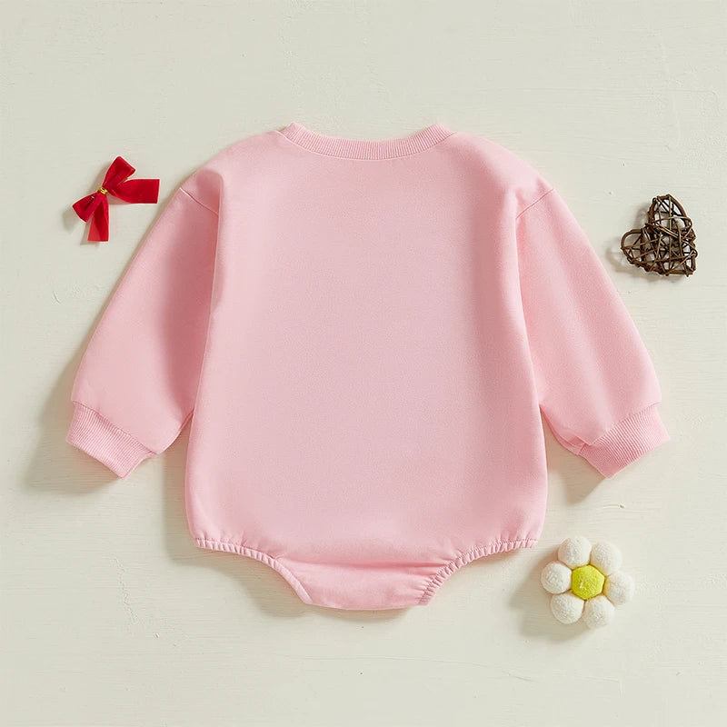 Children's 0-18M Baby Girls Bubble Romper Heart Bow Embroidery Long Sleeve Sweatshirt Jumpsuit