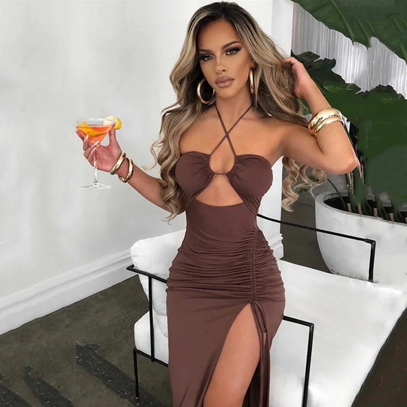 Women's Halter Backless Sleeveless Cut Out Maxi Elegant Party Slit Dress