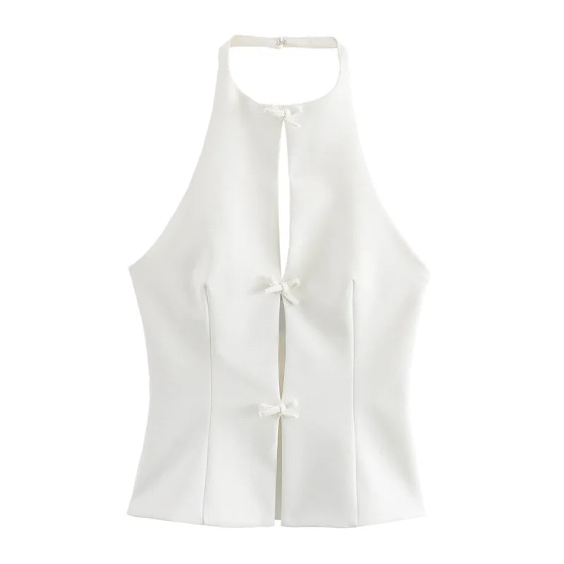 Women's Bows Halter Neck Solid Tank Top Low Waist Mini Skirt Two Piece Set