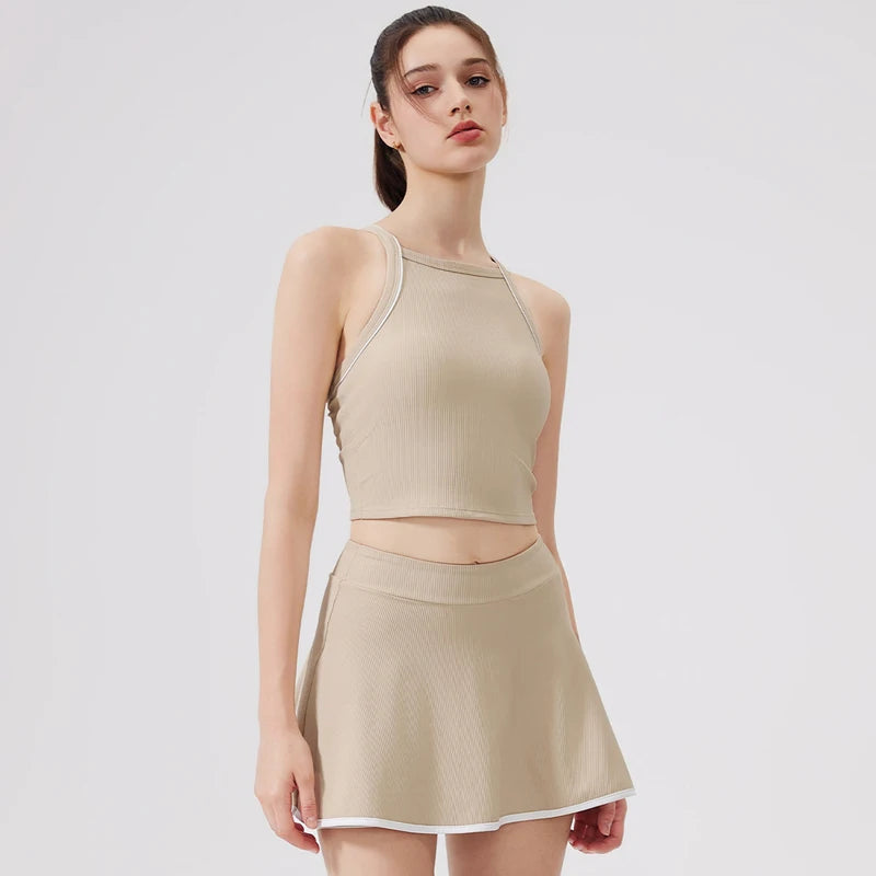 Women's Two-Piece Fitness Set - Yoga Top & Skort with Built-in Shorts