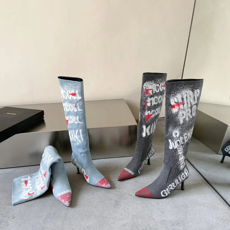Women's 7cm Thin Heel Graffiti Folded Denim Boots