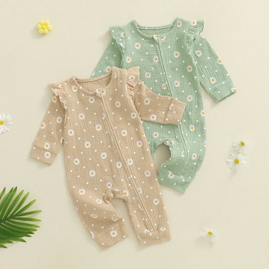 Baby Girls Fall Jumpsuit - Long Sleeve Flower Print Zipper Romper (0-18M)