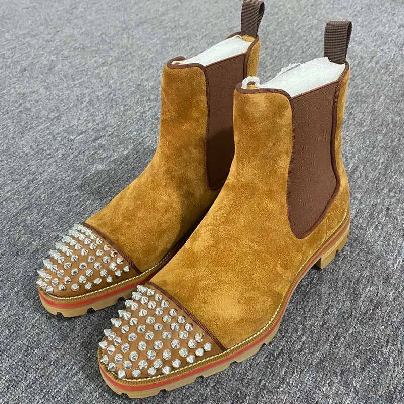Men Chelsea Suede Leather Boots With Rivets Thick Soles