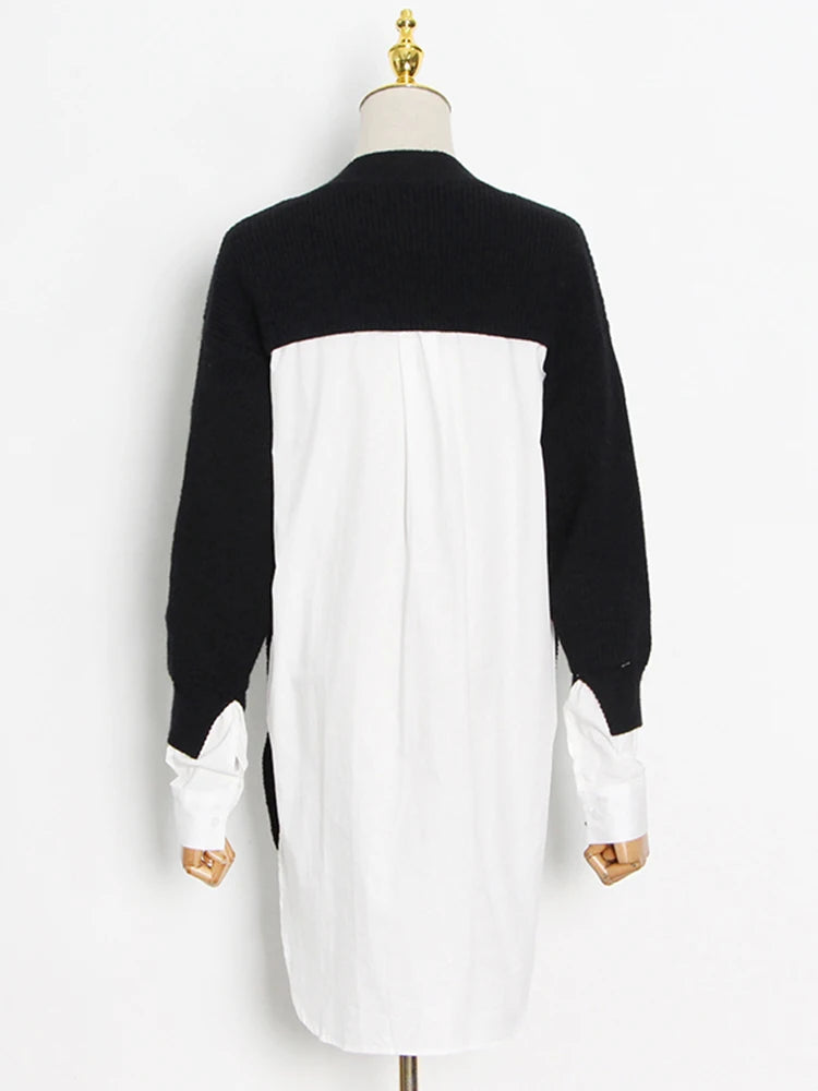 Women's Patchwork V Neck Long Sleeve Loose Straight Knitting Pullover Sweater Shirt Dress