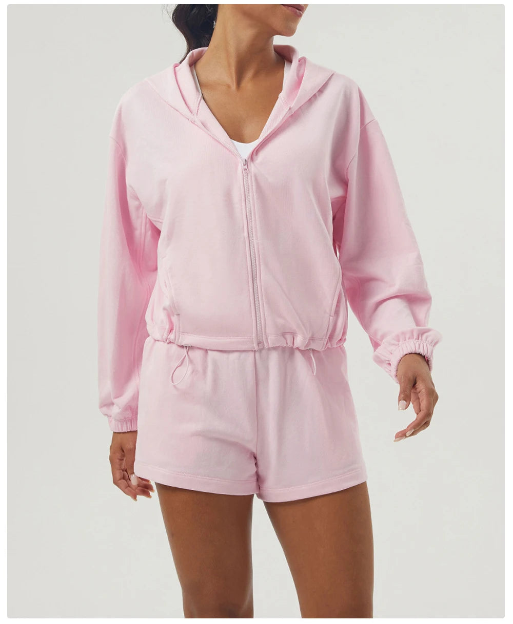 Women's Gym Running Suit Breathable Two Pieces Fitness Yoga Set Long Sleeve Hoodie Shorts Workout Sportswear