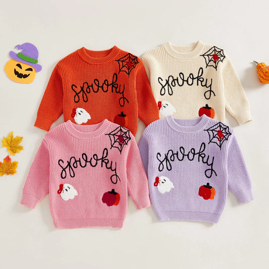 Baby Halloween Knit Sweater - Letter Ghost Pumpkin Spider Web Embroidery