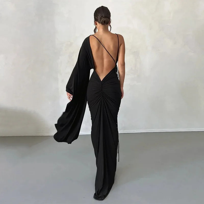 Women's Draped Deep V Backless Maxi One Shoulder Gown Slip Dress