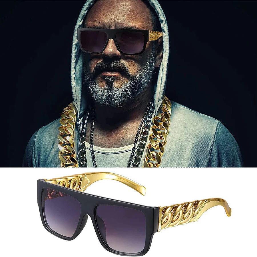 Hip Hop Punk Sunglasses - Gold Chain Necklace Eyewear with UV400