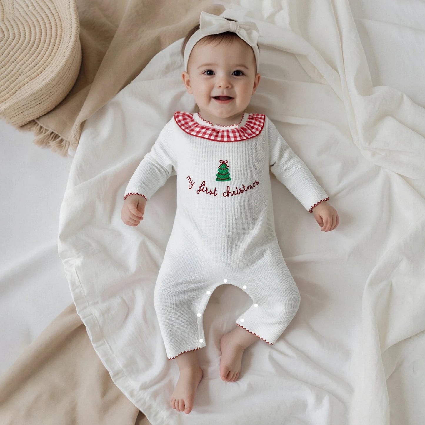 Baby Christmas Tree Embroidered Plaid Romper (0-6M)
