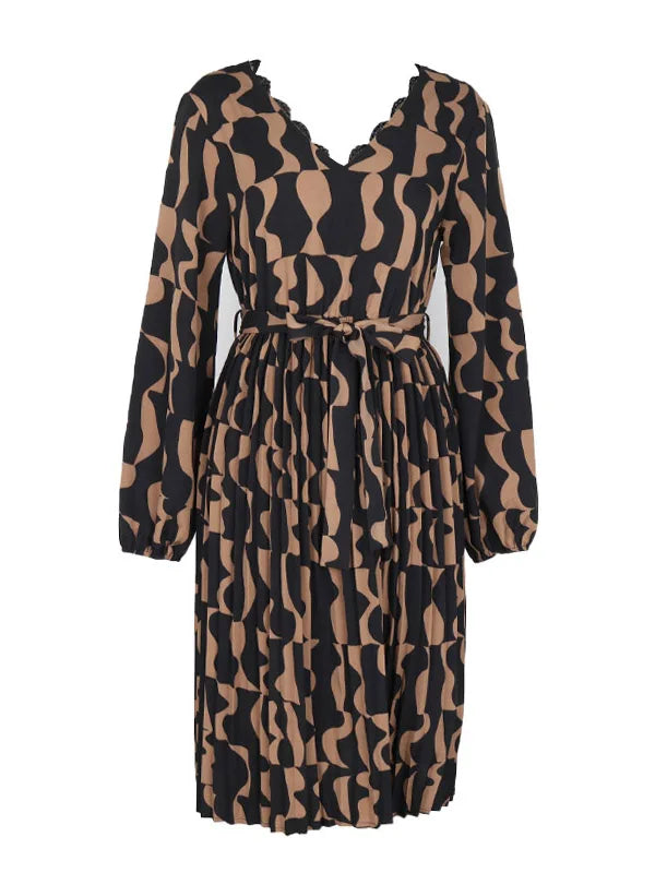 Women's Autumn Winter Long Sleeve Print Elegant V-neck Casual A-Line Knee-Length High Waist Dress