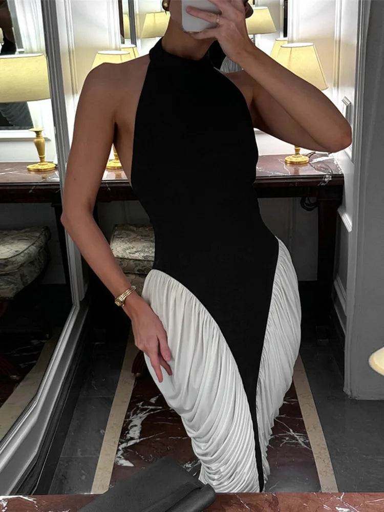 Women's Patchwork Halter Backless Midi  Contrast Color Sleeveless Pleated Long Dress