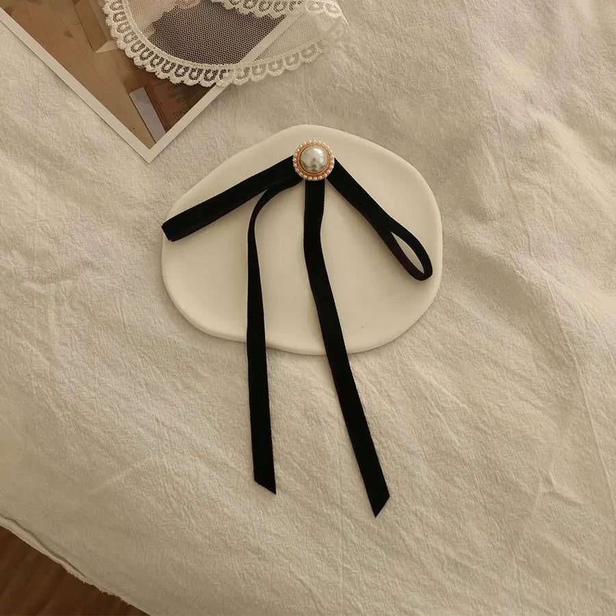 Anime Style Velvet Bow Pearl Brooch - Sweet Academic Pin for Girls