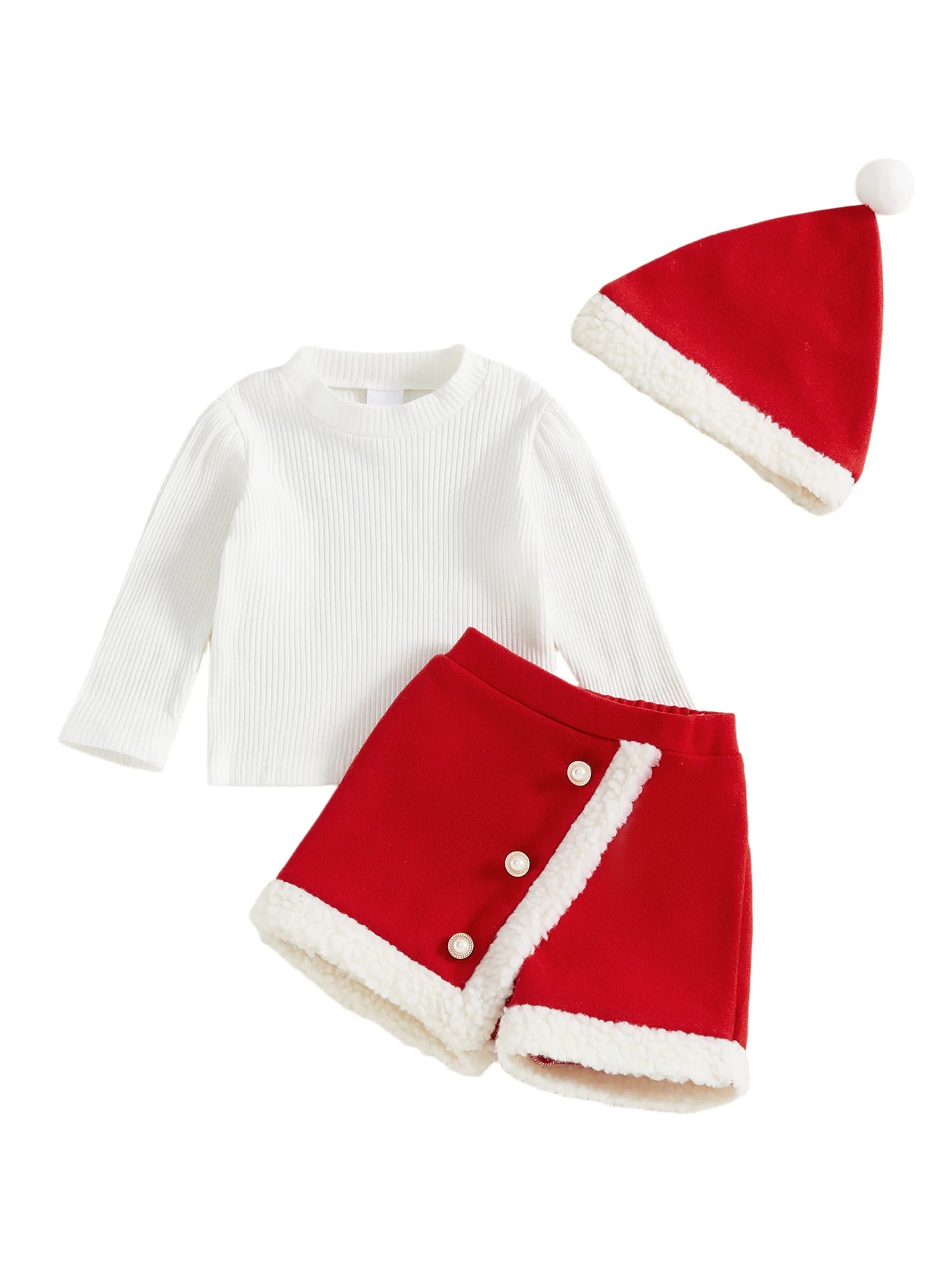 Baby Girls Christmas Outfit Set - Long Sleeve Top, Skirt Shorts & Santa Hat (0-4Y)