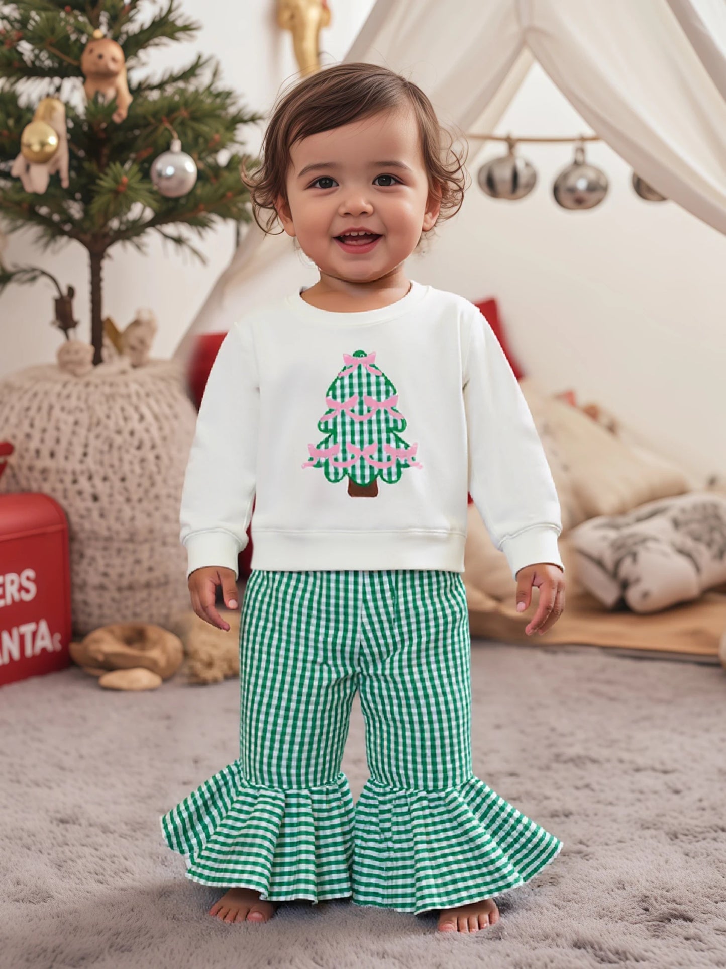 Baby Girls Christmas Tree Embroidered Sweatshirt & Plaid Bell Bottoms Set (0-4Y)