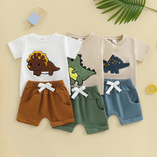 0-3Y Toddler Baby Boys Clothes Set Dinosaur Embroidery Short Sleeve T-shirts Solid Elastic Waist Shorts