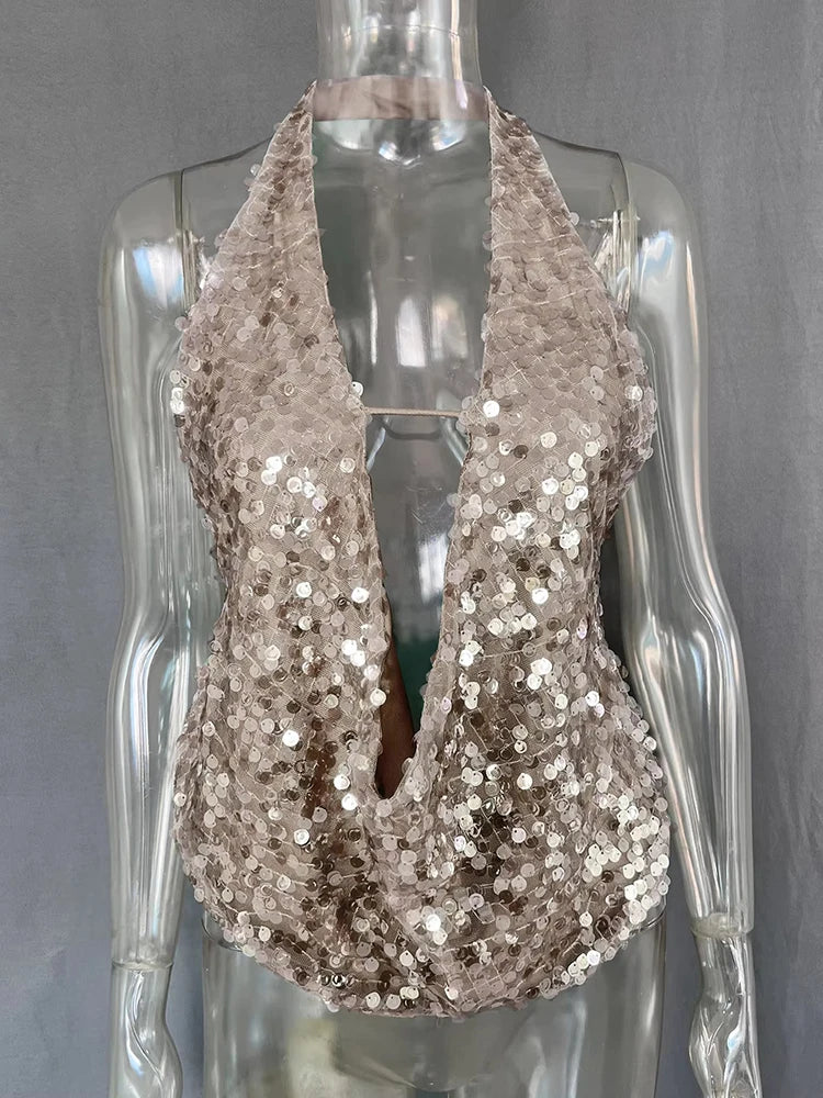 Women's Halter Deep V Neck Sequins Tank Cropped Top