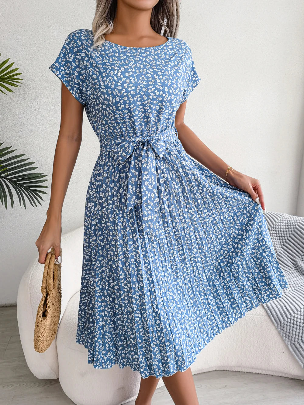 Women's Floral Pleated A Line Long Spring Summer Short Sleeve High Waist Chic Dress