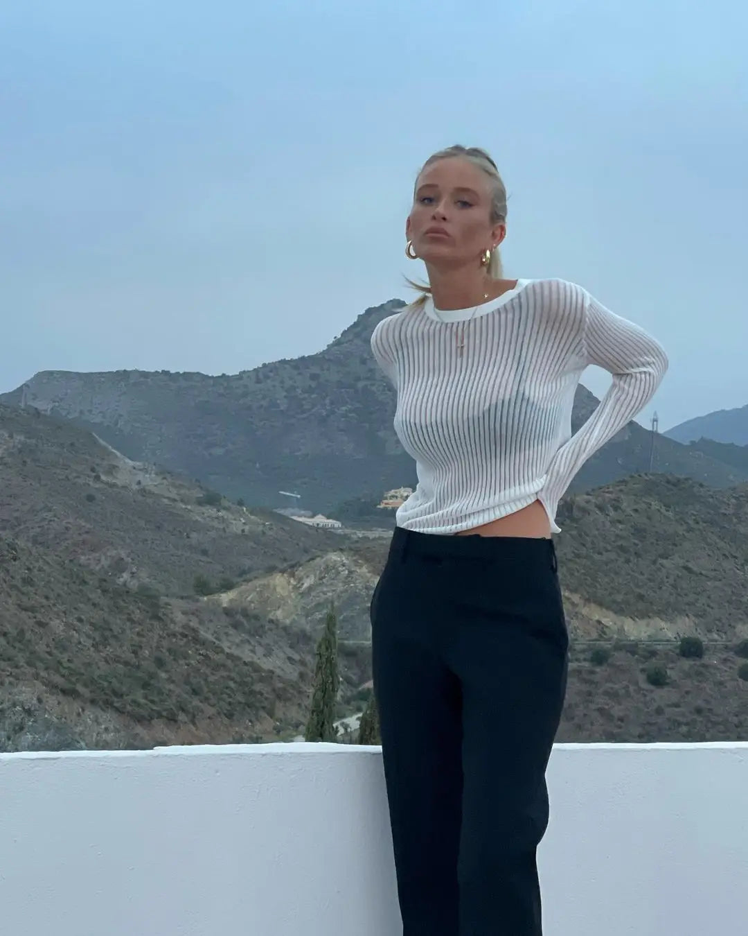 Women's Elegant Striped See Through Long Sleeve Top