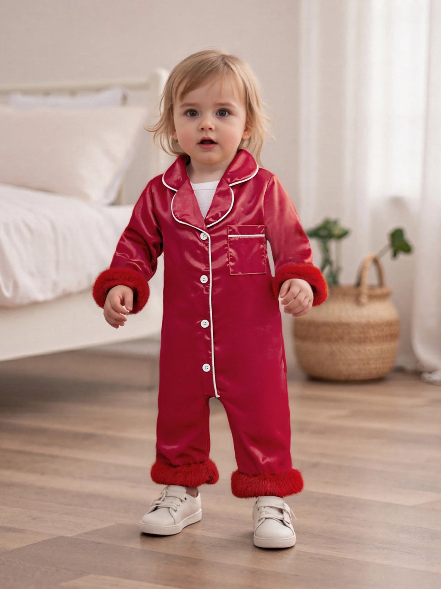 Baby Christmas Pajama Romper - Button Down with Feather Trim Cuffs