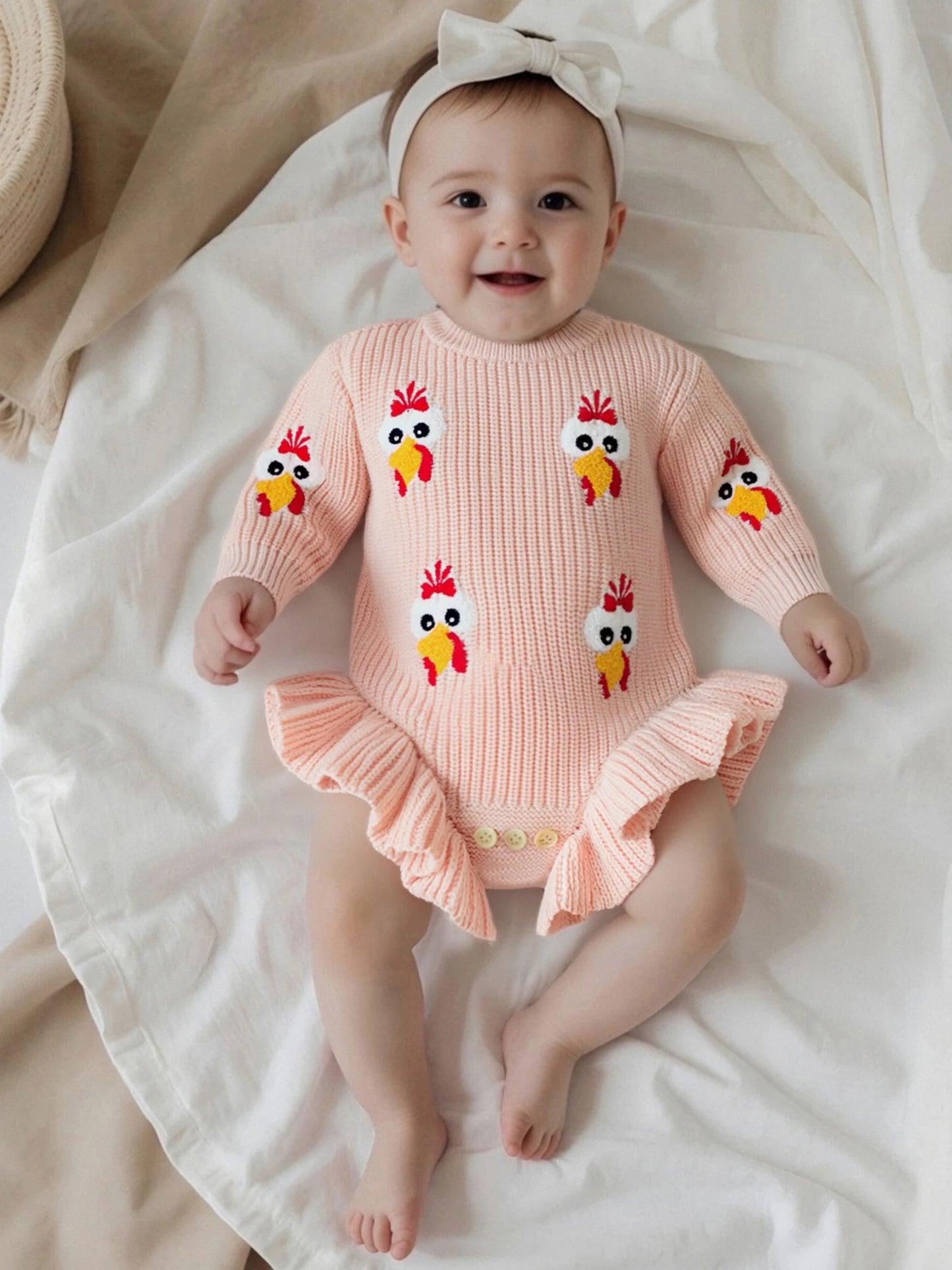Baby Thanksgiving Knit Romper - Turkey Embroidery Long Sleeve Ruffle Bodysuit Sweater
