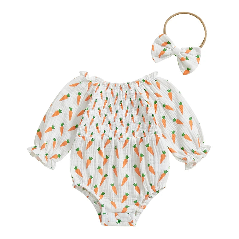 Baby Girls Easter Romper Set - Carrot Print Long Sleeve Jumpsuit with Bow Headband