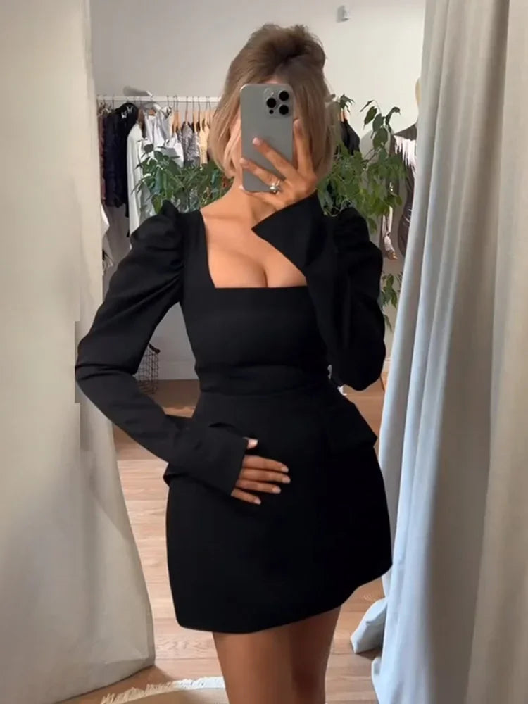Women's Square Collar Long Sleeve Mini Ruched Elegant Bodycon Pockets Splice Dress