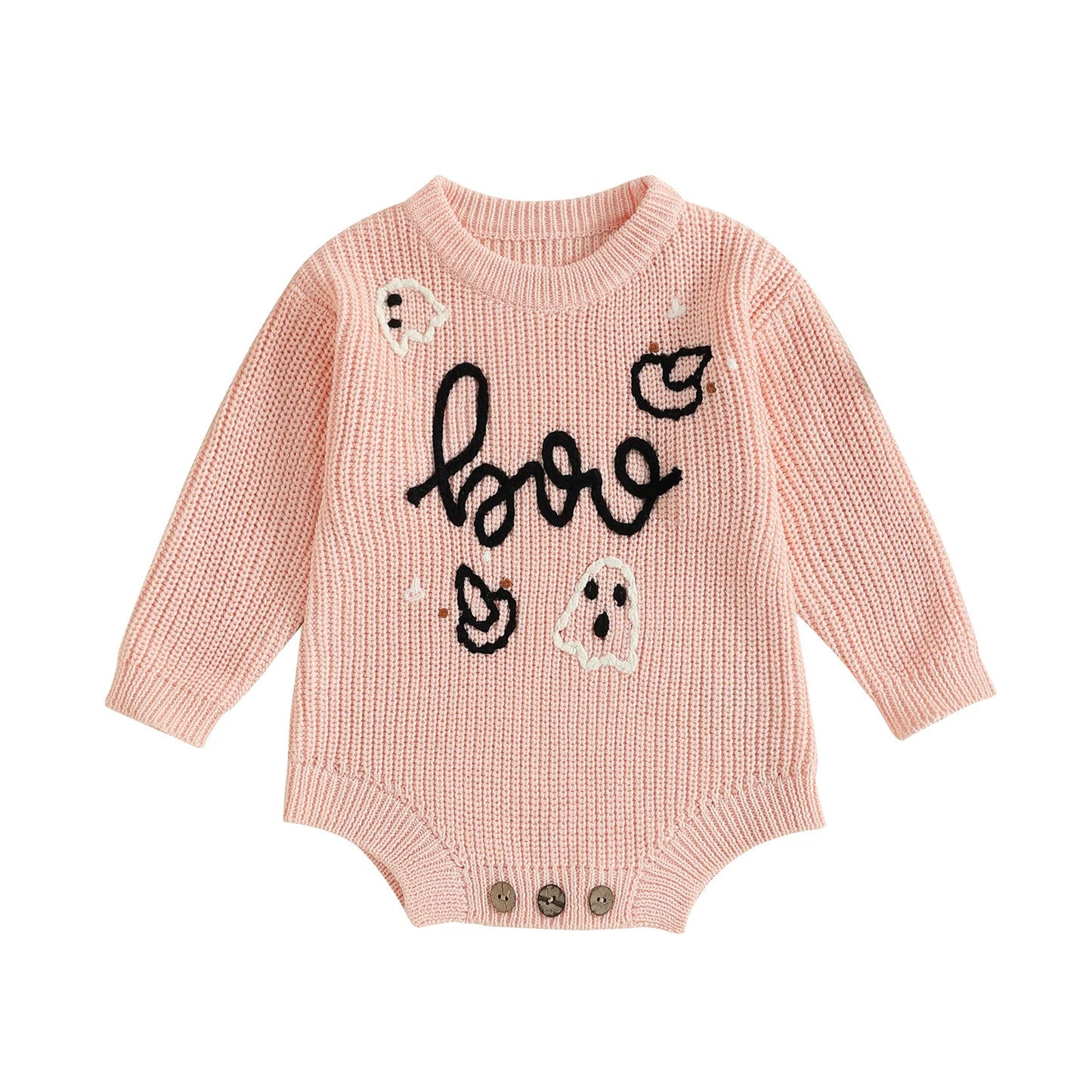 Newborn Baby Halloween Sweater Romper - Ghost Letter Embroidered Long Sleeve Jumpsuit
