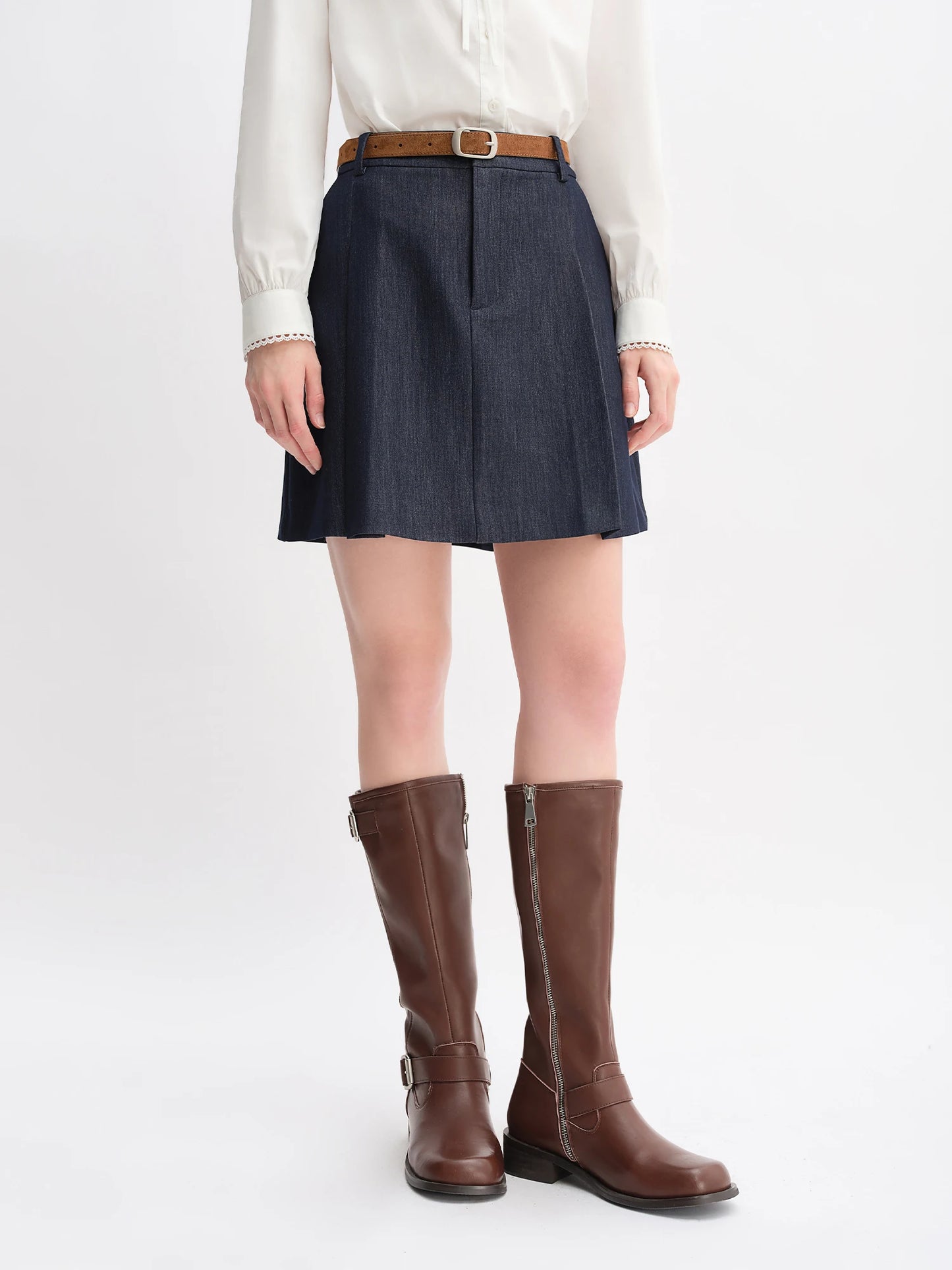 Women's Autumn Clothing Set - Long Sleeve Shirt & A-Line Skirt