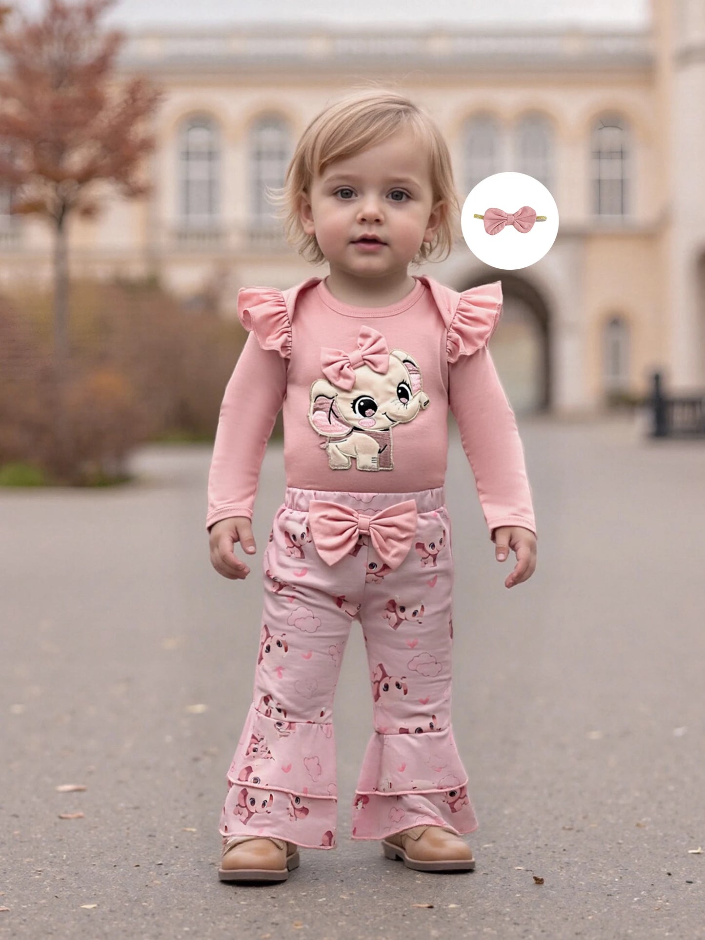Baby Girls Fall Winter Clothes Set - Long Sleeve Bow Animal Embroidery Jumpsuit, Headband & Flared Pants