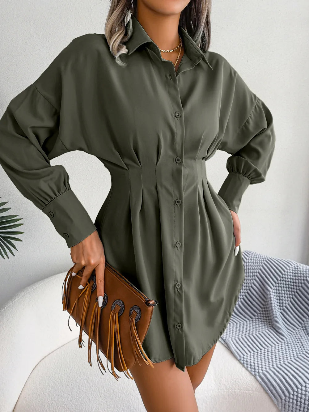 Women's Autumn Winter Casual Lantern Sleeve High Waist Asymmetric Dress Shirt Dress