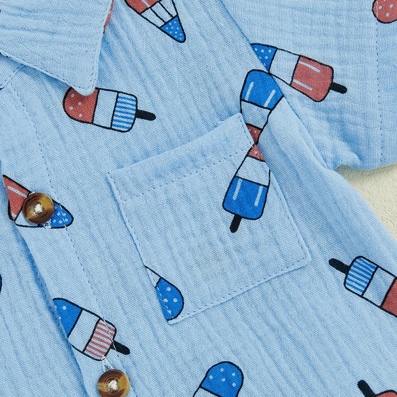 0-4Y Kids Boys American Flag Colours Print Clothes Sets Ice Cream Print Lapel Button Down Short Sleeve Shirt with Shorts