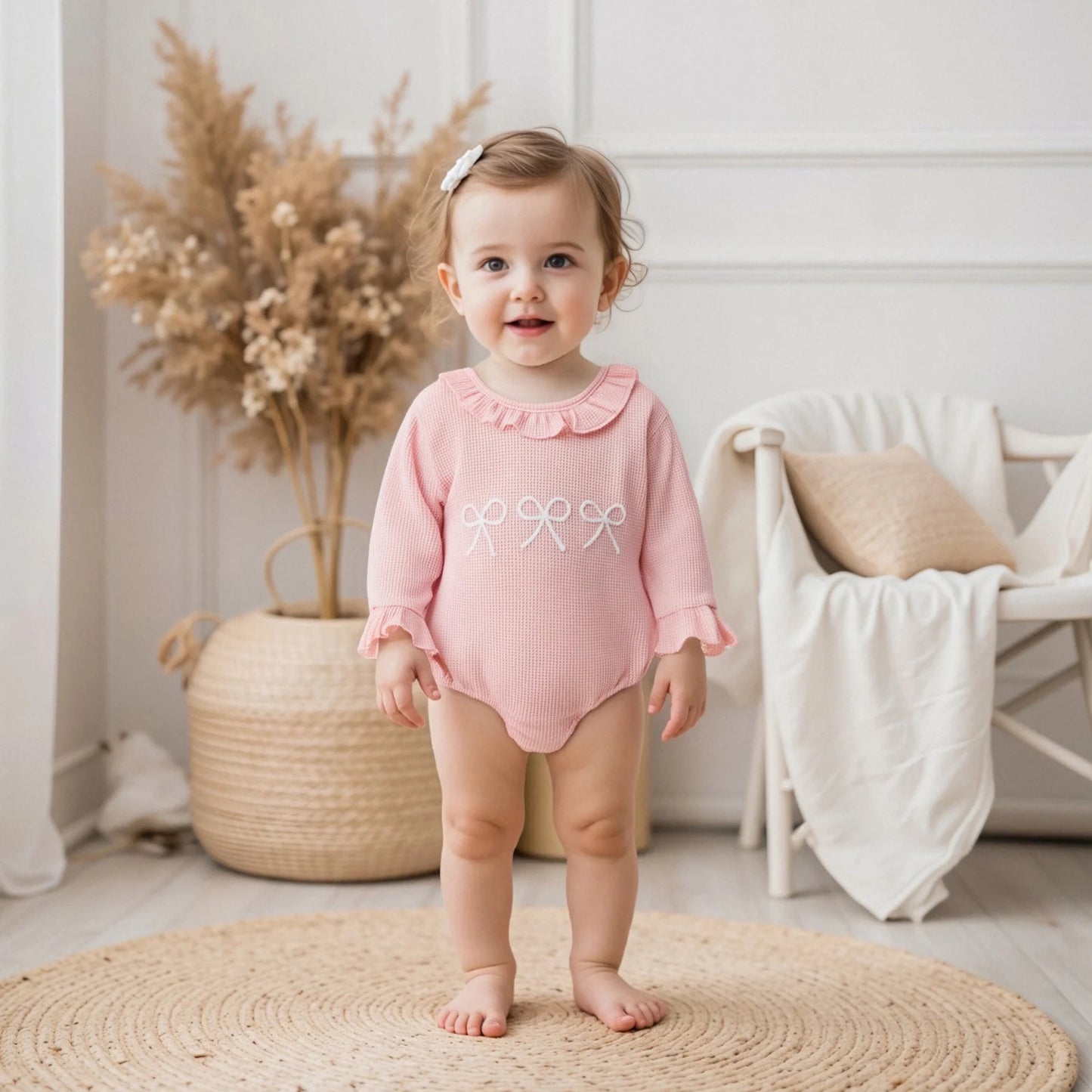 Lovely Baby Girls Bubble Romper - Bow Embroidery Long Sleeve Ruffle Jumpsuit (0-18M)