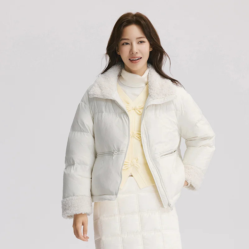 Down Jacket Women Loose Solid Color Winter Patchwork Imitation Lamb Wool Stand-Up Collar Textured