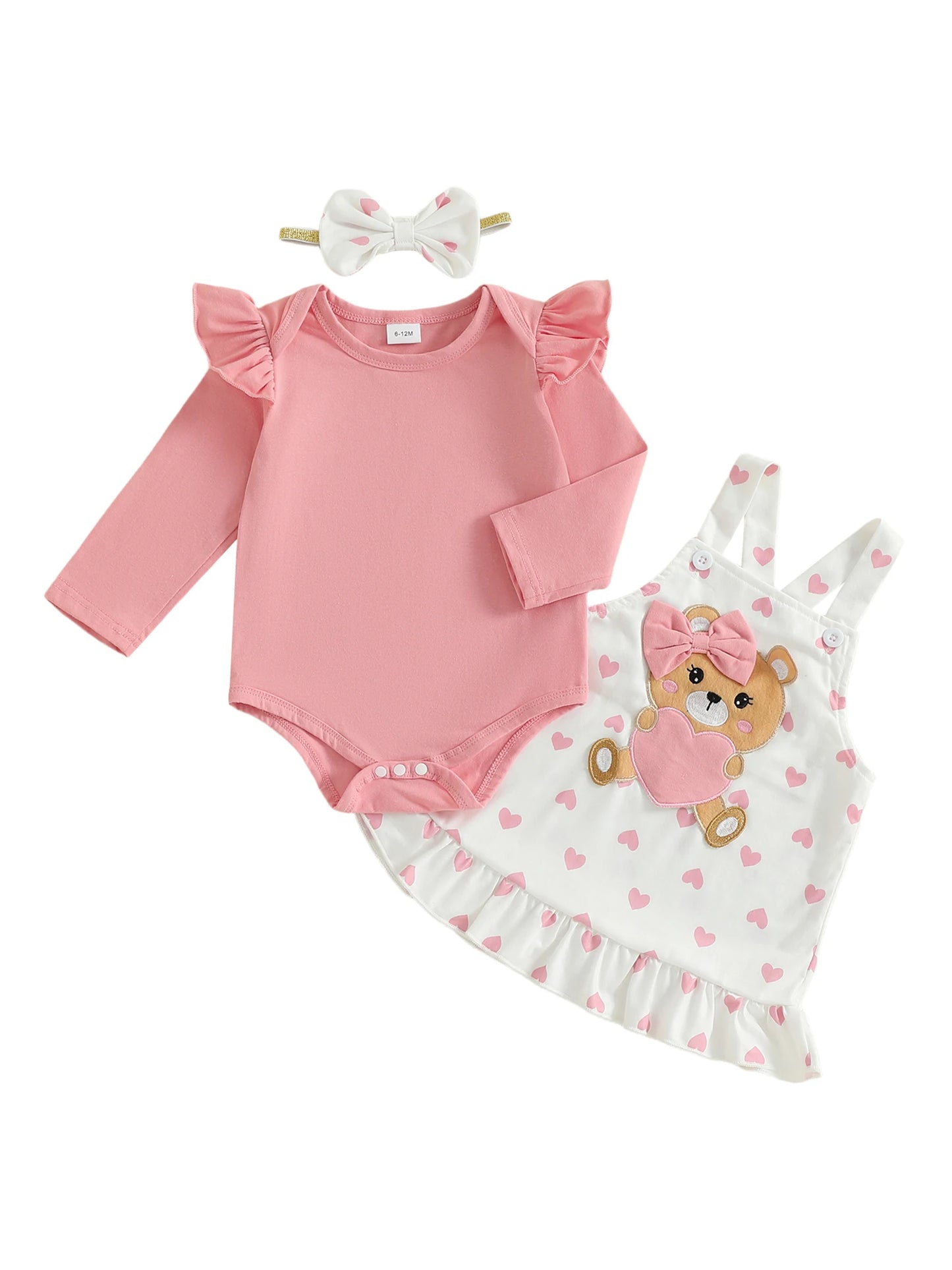 Baby Girls Bear Embroidered Dress Set with Bow Headband (0-18M)