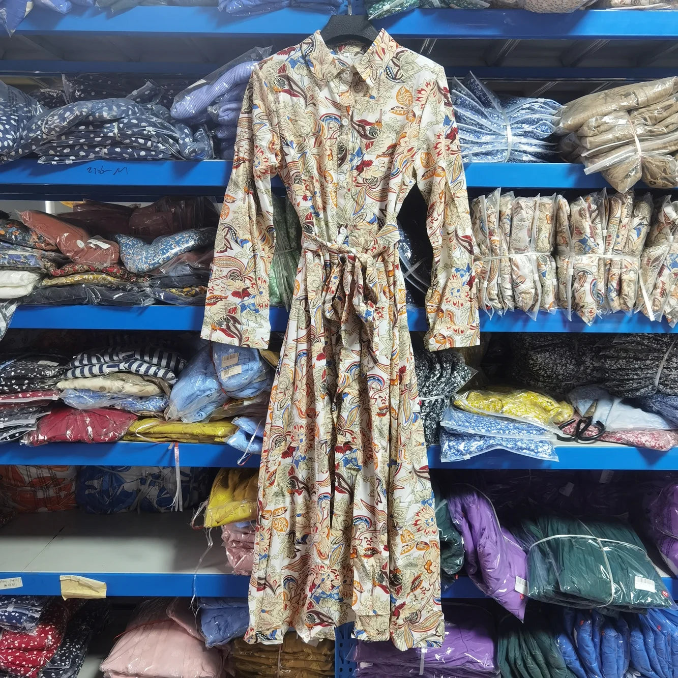 Women'S Spring Summer Retro Floral Collar Long Sleeve Tie Up Shirt Dress
