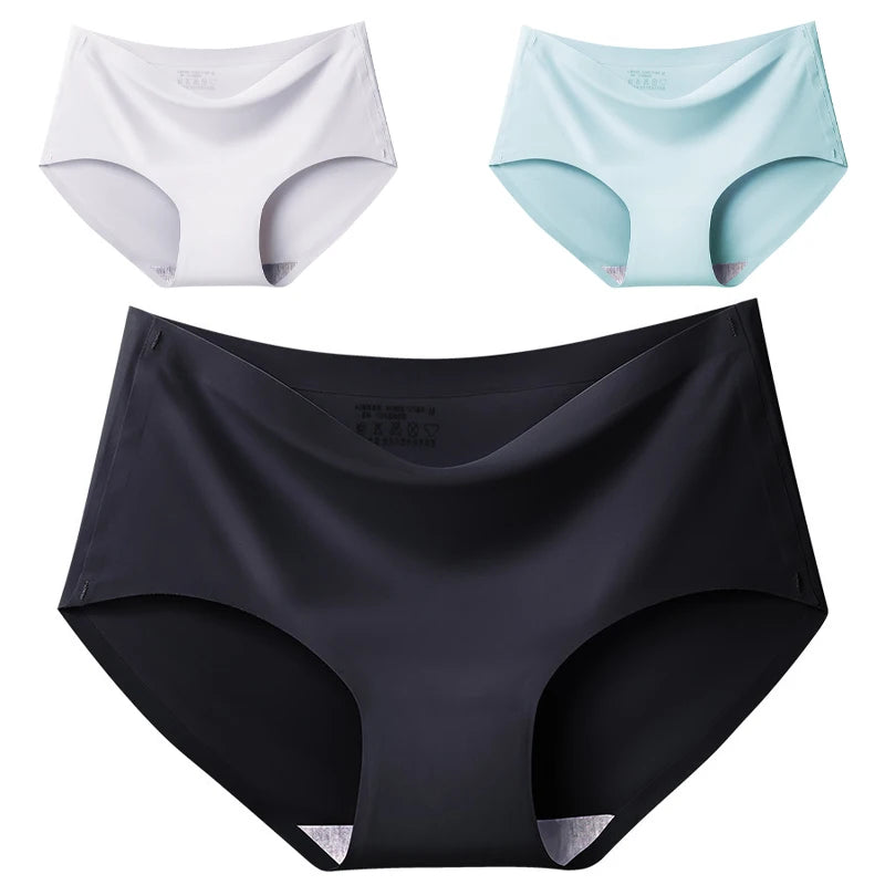 Women's 3Pcs Seamless Ice Silk Underwear Invisible Comfort Briefs Mid-waist Panties Breathable Lingerie