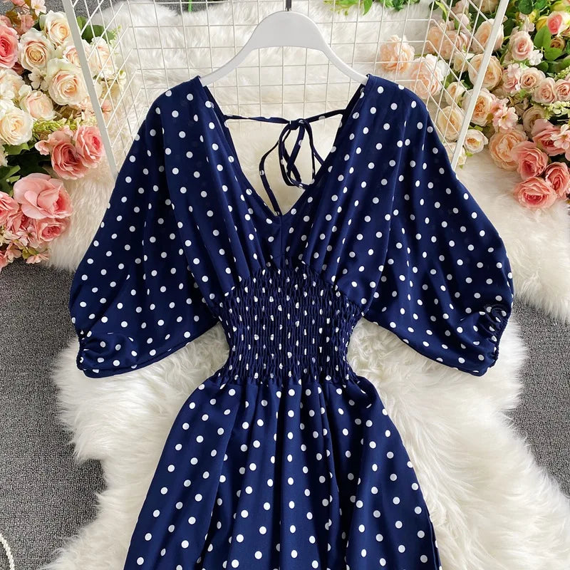 Women's V-Neck Polka Dot Jumpsuit - Wide Leg Trousers with Dolman Sleeves