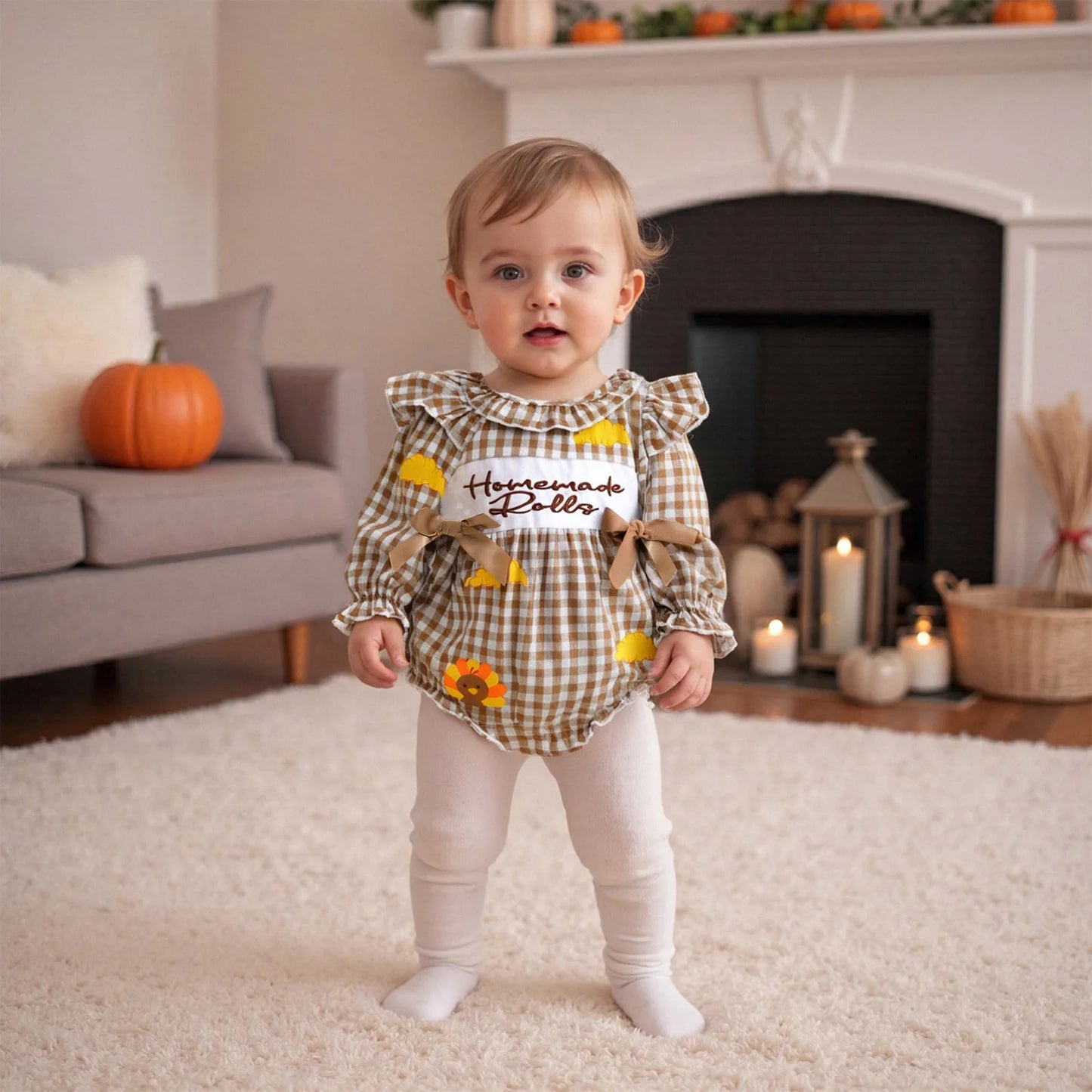 Baby Thanksgiving Romper - Long Sleeve Plaid Print Turkey Embroidery Bubble Jumpsuit