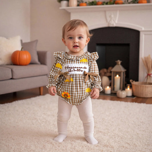 Baby Thanksgiving Romper - Long Sleeve Plaid Print Turkey Embroidery Bubble Jumpsuit