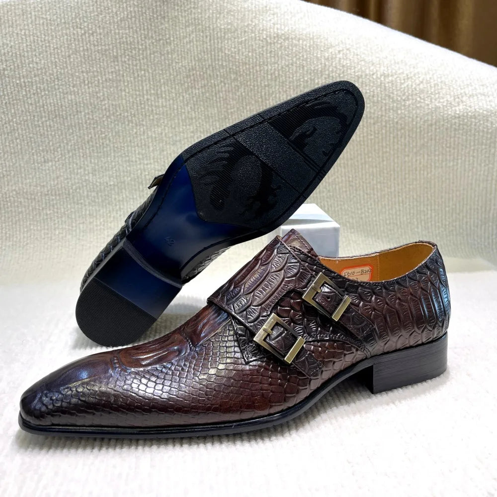 Men's Italian Genuine Leather Formal Oxford Python Crocodile Pattern Button Detailing for Office Party Wedding Shoes