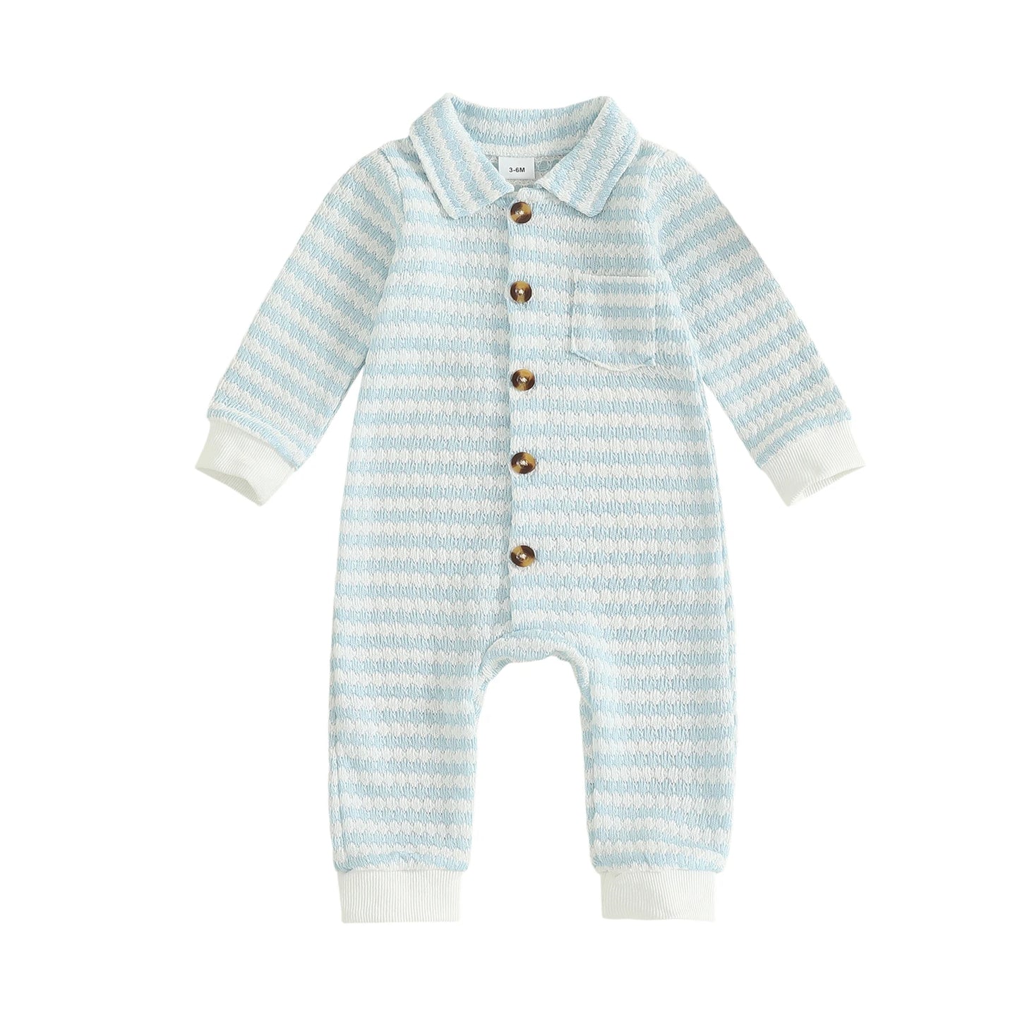 Newborn Baby Fall Winter Jumpsuit Set - Striped Turn-Down Collar Romper & Pants (0-18M)
