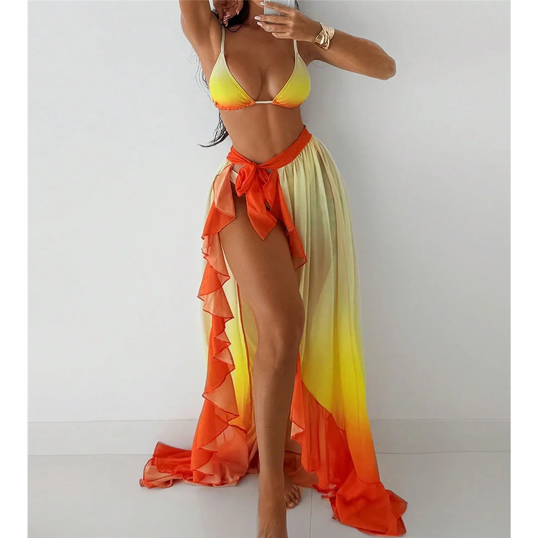 Women's With Sarong Gradient Halter Bikini Swimsuit Swimwear Three-pieces Bikini set
